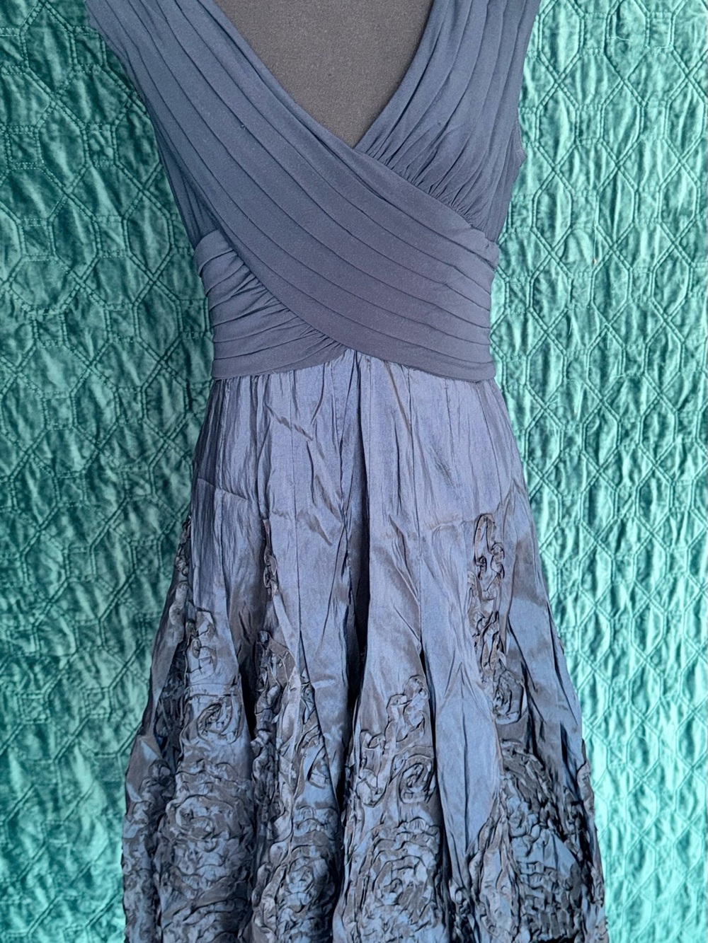 Adrianna Papell Slate-Blue V-Neck Floral-Texture Midi Dress